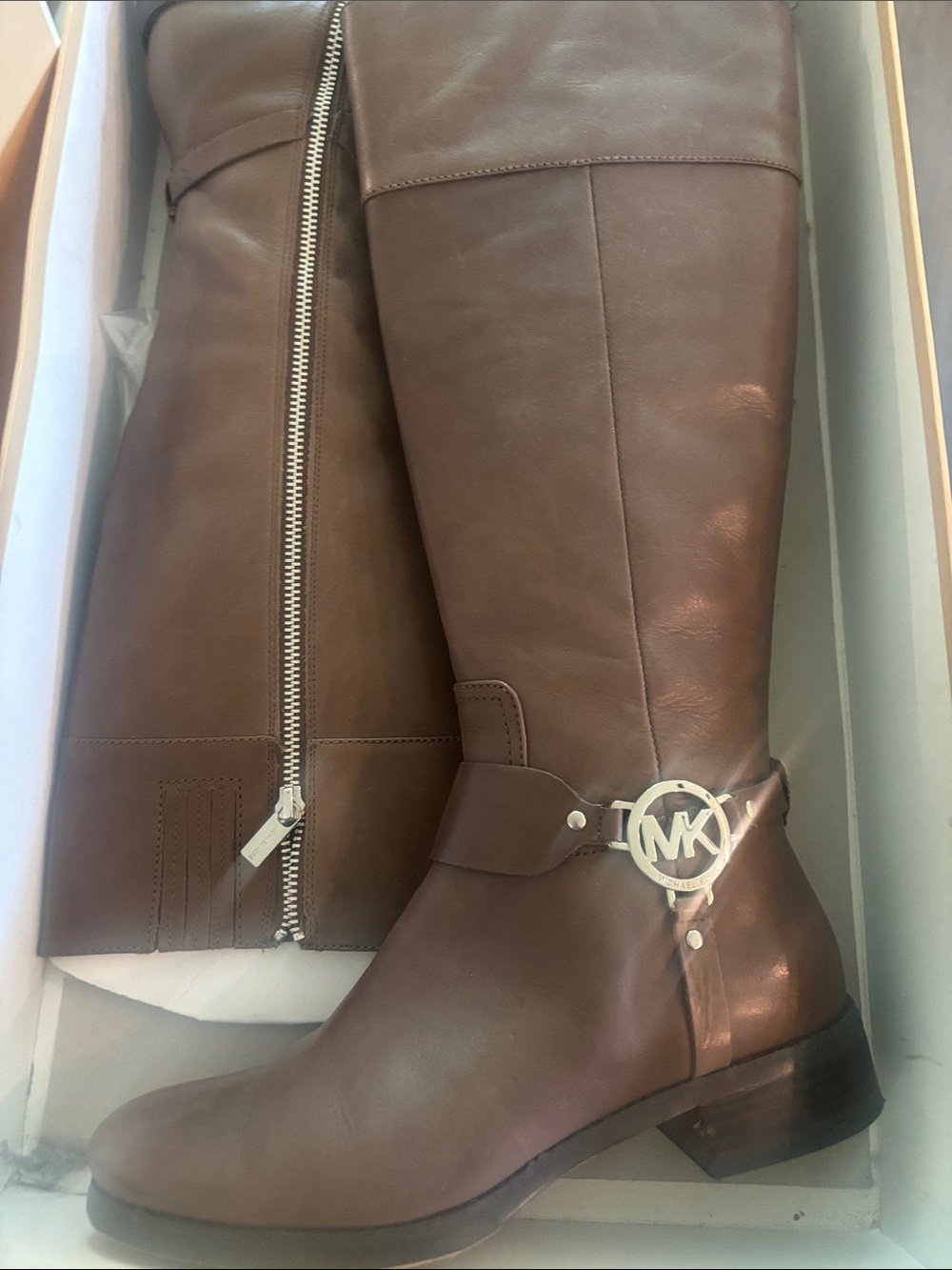 Michael Kors Brown Leather Knee-High Boots with MK Charm